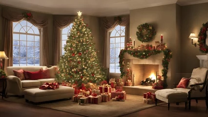 Foto op Canvas Christmas background of a beautifully decorated, cozy home living room in the Holiday season with a festive Christmas tree as the centerpiece, a fireplace and presents, Generative AI technology © SeasonalStories365