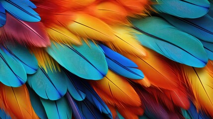 Fototapeta premium Close-up of colourful bird feathers print background. Parrot feathers backdrop for fashion, textile, print, banner