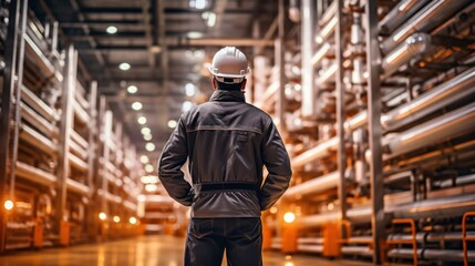 A warehouse man looks at the shelves with his back turned