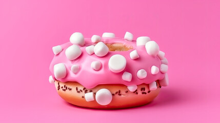 Obraz na płótnie Canvas Bitten pink icing donut with marshmallows on pink background, AI Generated