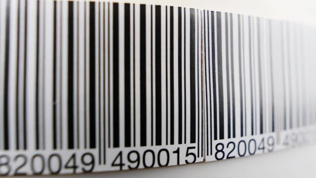 Barcode scanning. Product code label on a conveyor belt in close-up