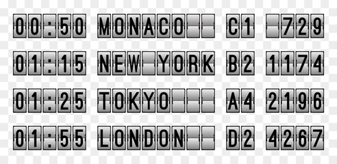 Airport scoreboard with time and city destination on a black background. Airport mechanical scoreboard font with special symbols