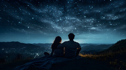 Intimate view of a couple on a hill stargazing and pointing out star constellations - obrazy, fototapety, plakaty