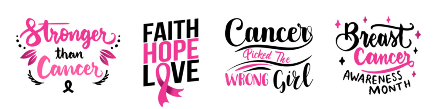 Breast cancer awareness calligraphy text emblems with pink ribbons. Breast cancer awareness text quote collection. Breast cancer awareness month typography