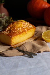 
Classic lemon pie on a rustic board. Dessert. Delicious