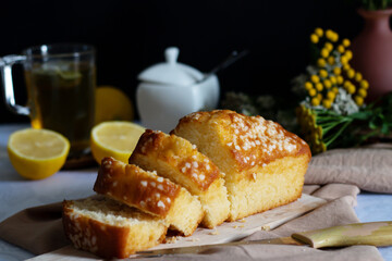 
Classic lemon pie on a rustic board. Dessert. Delicious