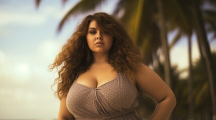 Beautiful and confident plus size woman having fun at the beach. - obrazy, fototapety, plakaty