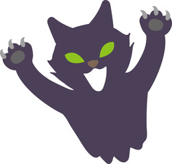 Halloween illustration element of spooky hissing and intimidating black cat with green eyes. funny, fun and cute background material