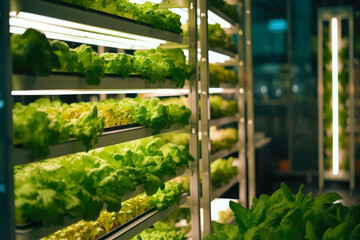Organic hydroponic vegetable farm. Vegetables growing in a greenhouse - Powered by Adobe