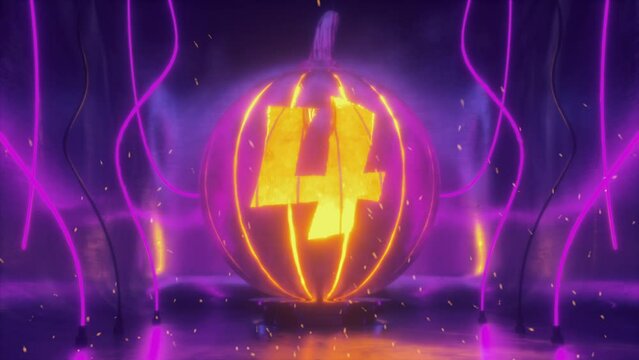 Halloween Countdown from 5 to 0 with Numbers Cut in Halloween Pumpkin Lamp of Hammered Metal in Neon light and Sparkles. 4K Dark Futuristic Scene.