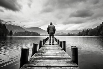 A lonely man standing in jetty with a beautiful view of the lake from behind in style of black and white background, Reflective Or Contemplative Concept.
 - obrazy, fototapety, plakaty