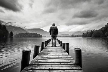 Foto auf Leinwand A lonely man standing in jetty with a beautiful view of the lake from behind in style of black and white background, Reflective Or Contemplative Concept.  © Nongkran