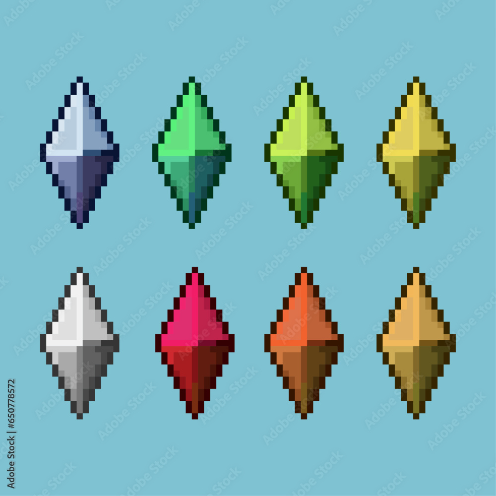 Poster pixel art sets of mineral crystal loot craft with variation color item asset. simple bits of crystal