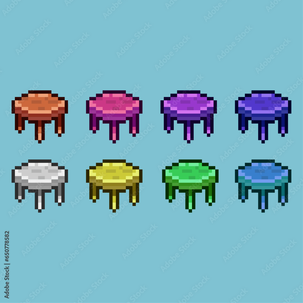 Poster pixel art sets of wooden seat chair decoration with variation color item asset. simple bits of chair