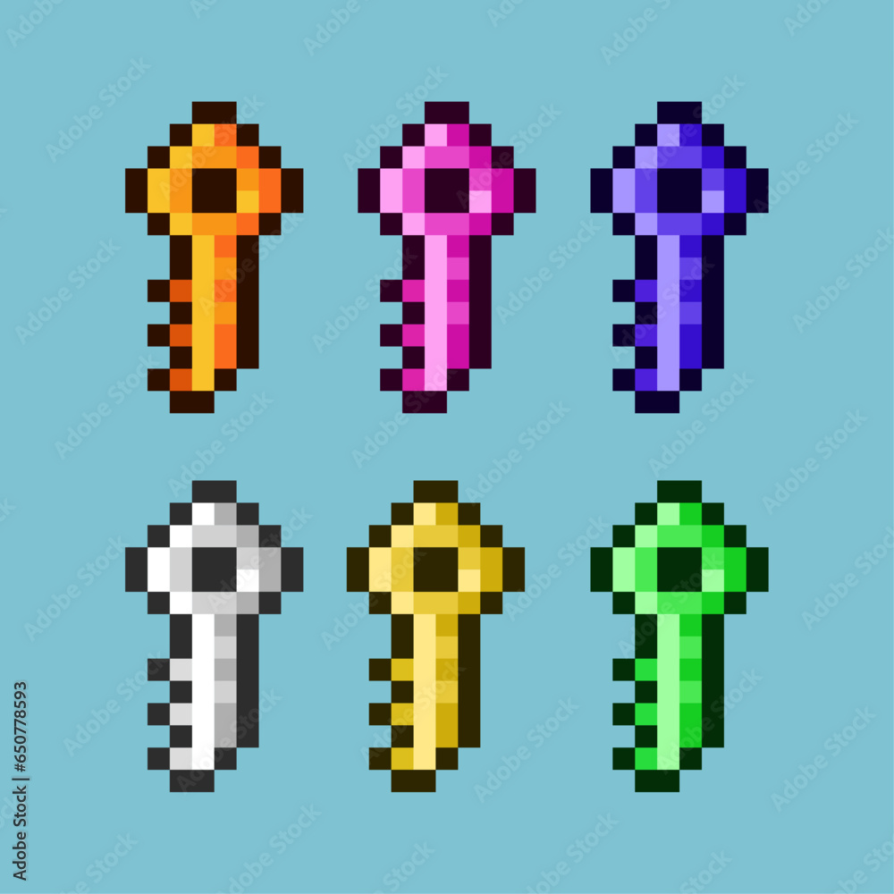 Fototapete pixel art sets of key chest rpg loot with variation color item asset. simple bits of keys on pixelat