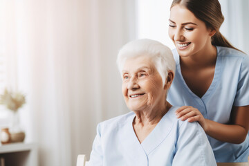 Smiling caregiver and happy senior woman in nursing home