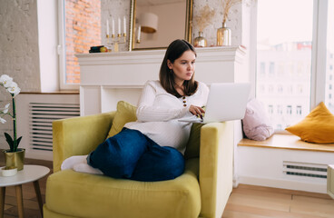 Focused pregnant woman working on laptop in living room