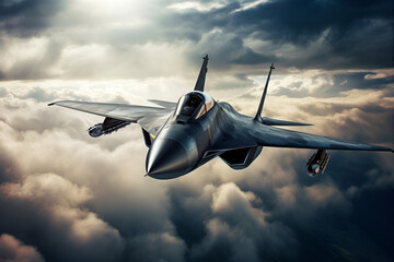 Military aircraft fighter jet flying at supersonic in clouds, 5th generation, aerial view