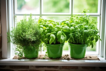 Fresh green herbs basil rosemary and coriander in pots placed on a window frame