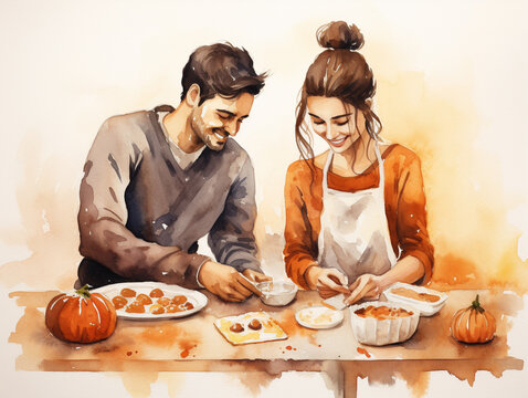 A Minimal Watercolor of a Couple Baking Autumnal Treats Together