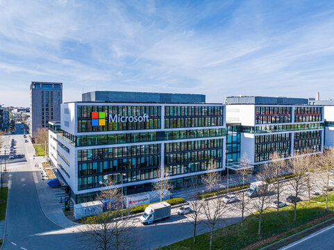 Microsoft logo at the company office building located in Munich, Germany