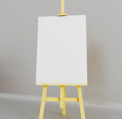 Close-up wooden easel with blank canvas on light background. Space for text. Wooden easel with free space ready for your advertisements and presentations.