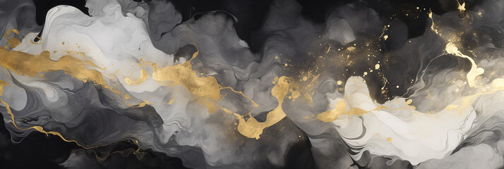 Abstract marbled ink painted painting texture luxury background banner Black gray gold painted