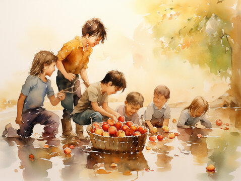A Minimal Watercolor of Kids Bobbing for Apples at a Community Autumn Fair