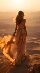 Beautiful young woman in the desert at sunset. Beautiful girl in a long dress