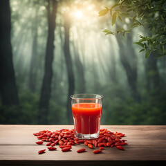 A glass of fresh delicious juice and goji berries on the backdrop of a dawn forest
