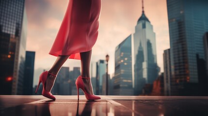 Close-up photo of feet. Pink shoes and pink skirt on a blurred city background.