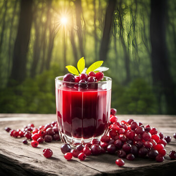 A glass of fresh delicious juice and barberry berries on the backdrop of a dawn forest