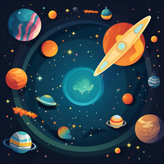 Cartoon pictures of the universe, science, stars, sky, galaxies. Generative AI