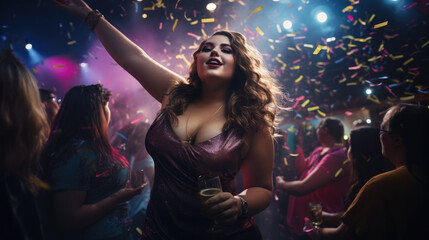 Plus size woman at a party in a nightclub. Real people lifestyle.