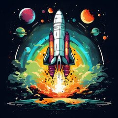 Obraz premium Colorful artistic image of a rocket hurtling into the sky, space, beautiful galaxy.