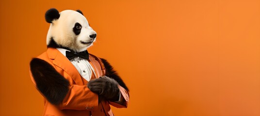 portrait of a panda wearing glasses and a suit , copy space. generative ai