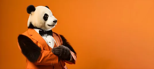 Poster portrait of a panda wearing glasses and a suit , copy space. generative ai © kabir
