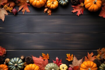 Autumn background with pumpkins, leaves and space for text on wooden board. Generative Ai