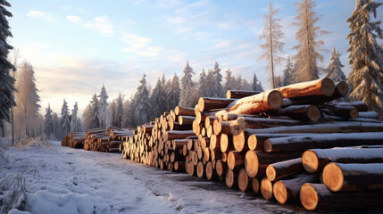 Logs stacked in the forest in winter - Powered by Adobe