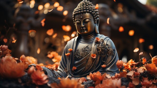 Buddha statue in an autumn scene depicting relaxation and mindfulness