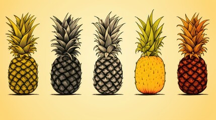 Handdrawn sketches of pineapples in tropical style - obrazy, fototapety, plakaty