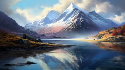 Illustration of large snow-capped mountains reflected in the calm water of a lake