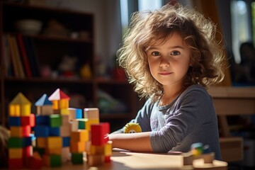 little child playing in his playroom with toy blocks and construction set - obrazy, fototapety, plakaty