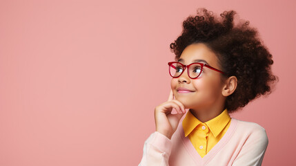 Close up potrail of cute little girl looking above. Concept of curious ,imiginative, new idea, solution from young and smart kids. Pastel color background with copy space.