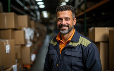 Obraz premium Smiling worker in a warehouse. Generative AI