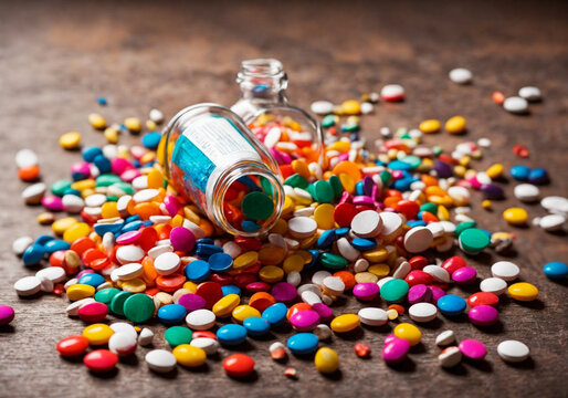 Colorful pills spilled out of a bottle on a wooden table. Focus on the foreground. AI-Generated