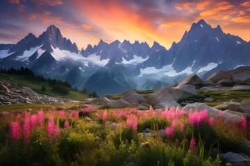 Poster Panoramic view of the Caucasus mountains at sunset with pink flowers © Michelle