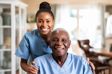 African American caregiver and happy senior man in nursing home
