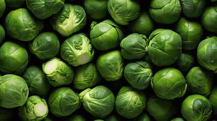 Top view full frame of whole ripe brussels sprouts placed together as background.