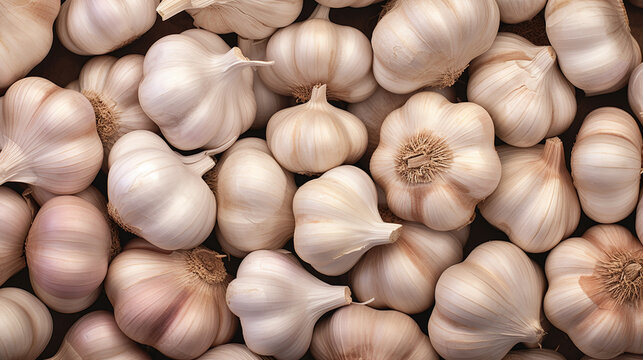 Top view full frame of whole ripe garlic placed together as background.